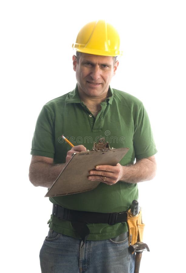 Contractor handyman repair man smiling writing an estimate of price home owner with hard hat helmet hammer and tool belt. Contractor handyman repair man smiling writing an estimate of price home owner with hard hat helmet hammer and tool belt