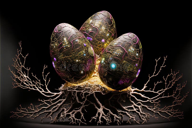 Pasqua con uova nel nido su fondo nero decorazione di circuiti astratti. intelligenza artificiale e grandi dati illustrazione di stock