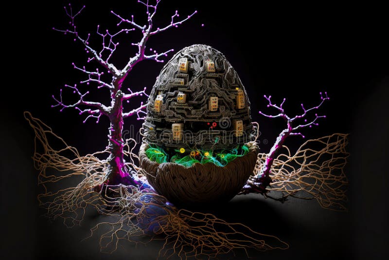 Pasqua con uova nel nido su fondo nero decorazione di circuiti astratti. intelligenza artificiale e grandi dati illustrazione vettoriale
