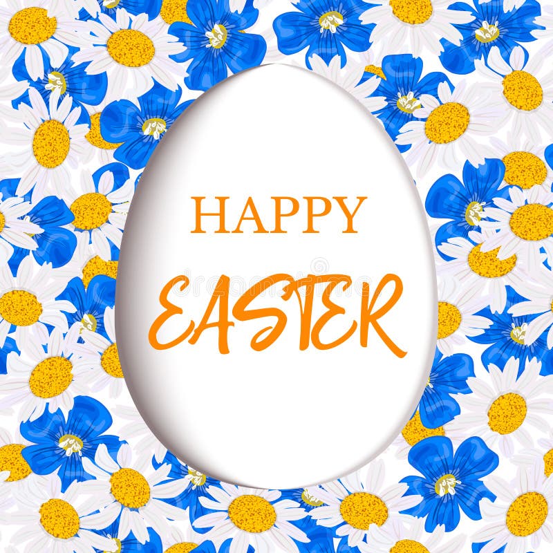Pasqua felice La carta decorata ha tagliato l'uovo piano bianco sulla margherita e sui fiori blu, il nontiscordardime, il lino, w illustrazione di stock Pasqua felice La carta decorata ha tagliato l'uovo piano bianco sulla margherita e sui fiori blu, il nontiscordardime, il lino, w illustrazione di stock