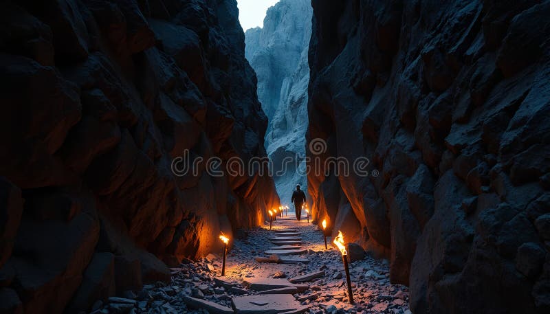 Passage de montagne caché entre des parois rocheuses imposantes illuminées par des torches scintillantes placées le long du chemin illustration libre de droits