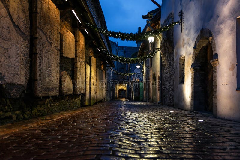 Passage för ` s för St Catherine på natten i Tallinn royaltyfria bilder Passage för ` s för St Catherine på natten i Tallinn royaltyfria bilder