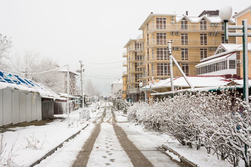 The passage to the sea and empty streets in the winter in the resort village Vityazevo, Krasn royalty free stock photos The passage to the sea and empty streets in the winter in the resort village Vityazevo, Krasn royalty free stock photos