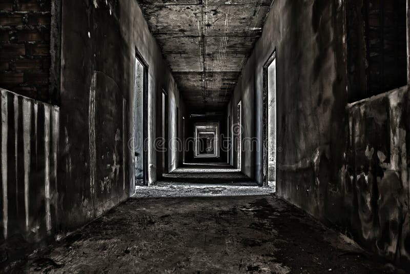 scary hallway walkway in abandoned building. scary hallway walkway in abandoned building