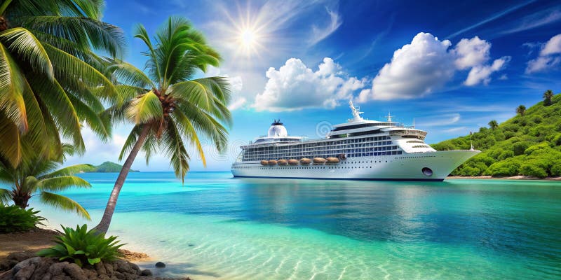 Passagierschiff nahe tropisches Paradies Insel Meer Kreuzfahrt Urlaub Generative ai vektor abbildung