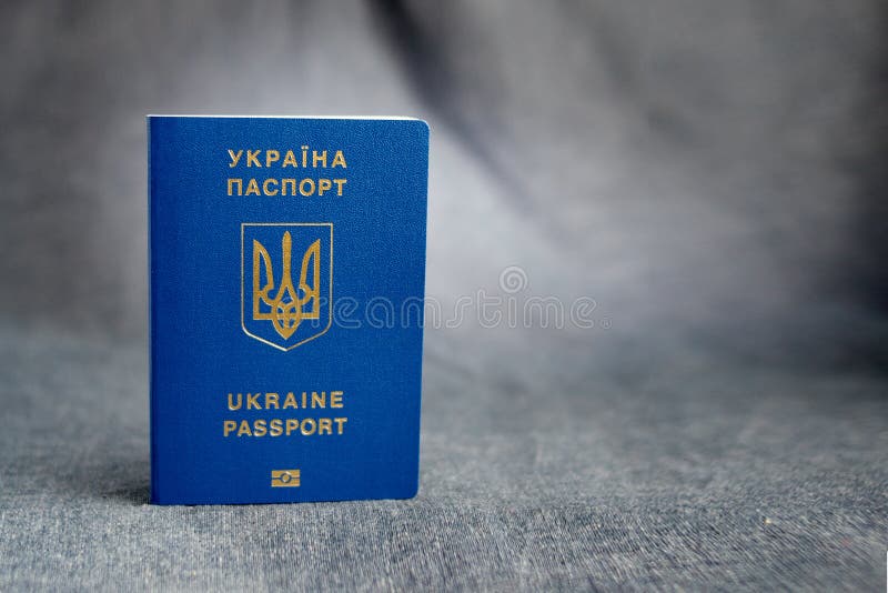 Passaporte biométrico ucraniano em um fundo cinzento fotografia de stock Passaporte biométrico ucraniano em um fundo cinzento fotografia de stock