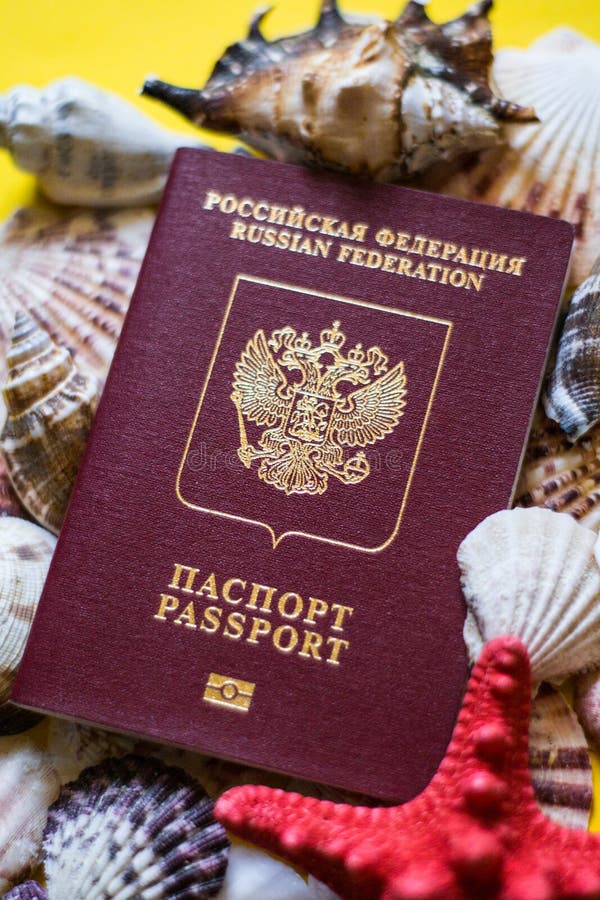 Passaporte do russo com as conchas do mar do differernt no fundo amarelo imagens de stock Passaporte do russo com as conchas do mar do differernt no fundo amarelo imagens de stock