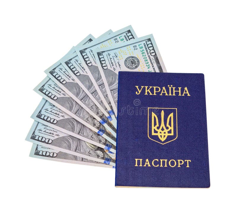 Passaporto e banconote in dollari ucraini sopra bianco fotografia stock libera da diritti Passaporto e banconote in dollari ucraini sopra bianco fotografia stock libera da diritti