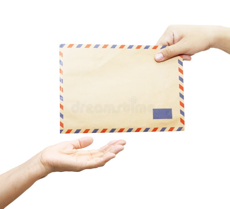 Passing mail, man's hand passes the envelope to another hand isolated on white background. Passing mail, man's hand passes the envelope to another hand isolated on white background.