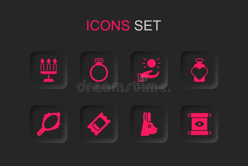 Set Circus ticket Magic stone ring Candlestick Rabbit with ears Bottle love potion scroll Ball levitating above hand and mirror icon. Vector. Set Circus ticket Magic stone ring Candlestick Rabbit with ears Bottle love potion scroll Ball levitating above hand and mirror icon. Vector.