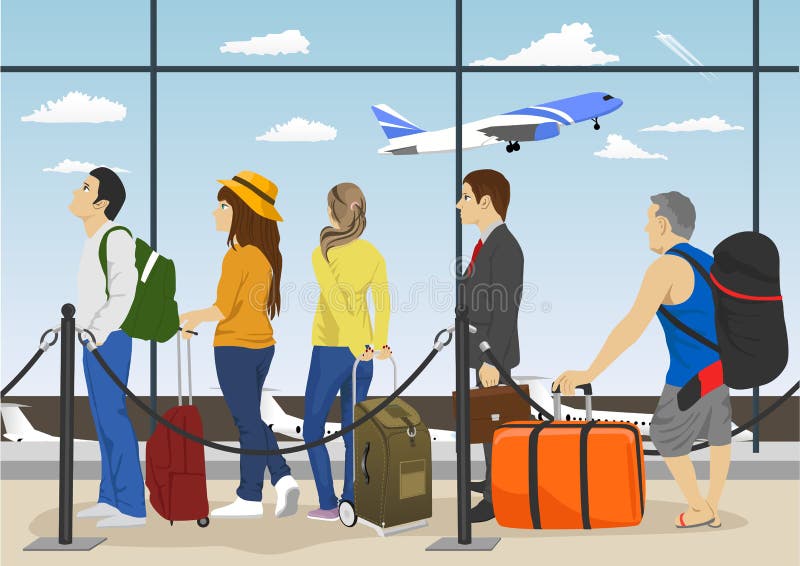 Passeggeri nei contatori di registrazione aspettanti della coda all'aeroporto illustrazione di stock Passeggeri nei contatori di registrazione aspettanti della coda all'aeroporto illustrazione di stock