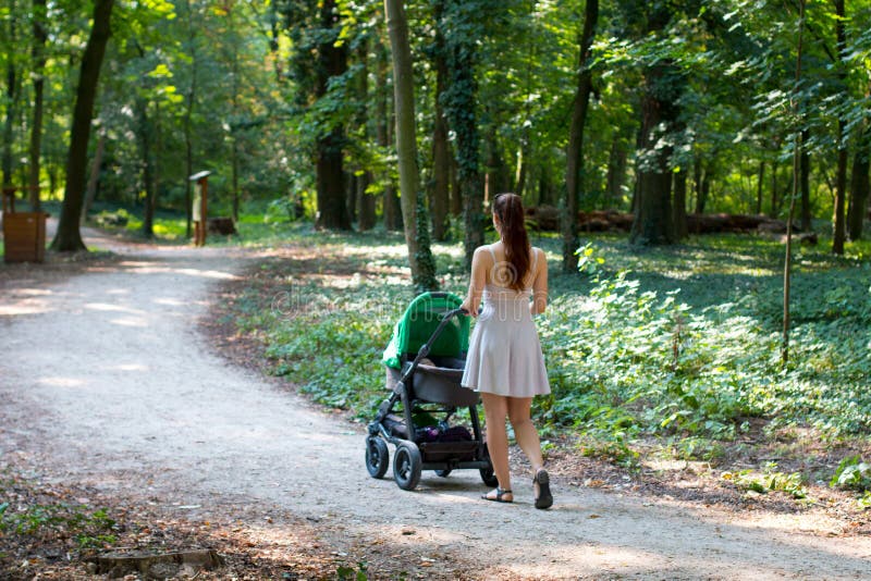 Passeggiata con il passeggiatore, punto di vista posteriore della natura di giovane femmina in bello vestito che cammina sulla vi fotografia stock libera da diritti Passeggiata con il passeggiatore, punto di vista posteriore della natura di giovane femmina in bello vestito che cammina sulla vi fotografia stock libera da diritti