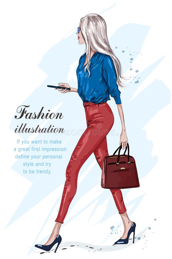 Passeio bonito da mulher da forma Menina à moda da forma com acessórios ilustração do vetor
