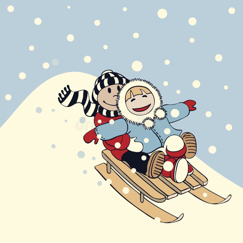 Illustration in cartoon style: boy and girl are going to slide on a sled on a snowy day. Illustration in cartoon style: boy and girl are going to slide on a sled on a snowy day