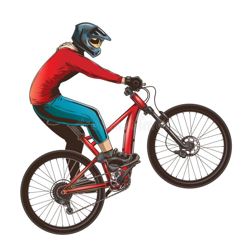 Ride on a sports bicycle, BMX cyclist performing a trick, mountain bike competition, color vector illustration isolated on a white background. Ride on a sports bicycle, BMX cyclist performing a trick, mountain bike competition, color vector illustration isolated on a white background