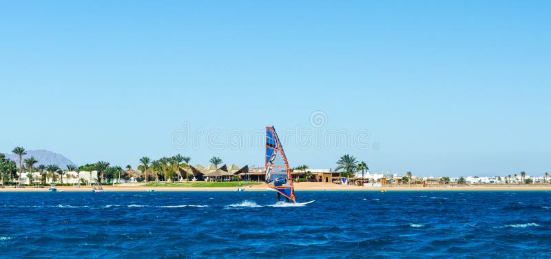 Passeios do Windsurfer no mar no fundo da praia com palmeiras e as montanhas rochosas altas em Egito Dahab fotos de stock Passeios do Windsurfer no mar no fundo da praia com palmeiras e as montanhas rochosas altas em Egito Dahab fotos de stock