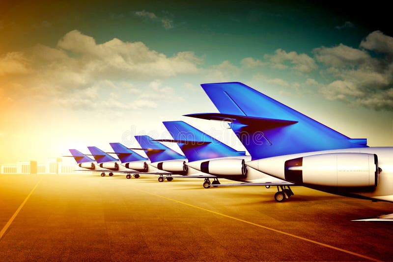 3d illustration of passenger aircraft tails in airport