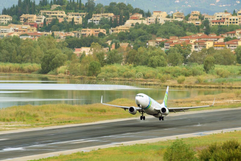 Passenger airplane takeoff from active runway