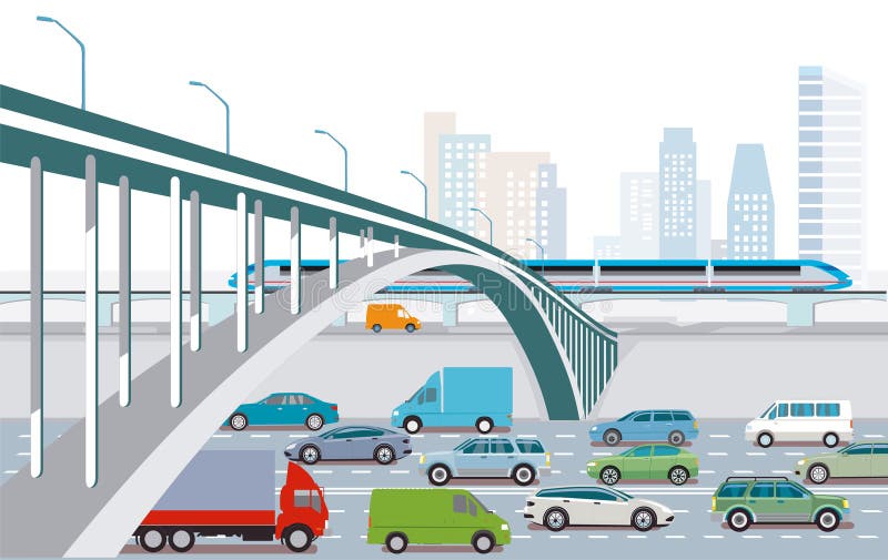 Passenger Cars and Trucks on the Highway with Express Train and Freight