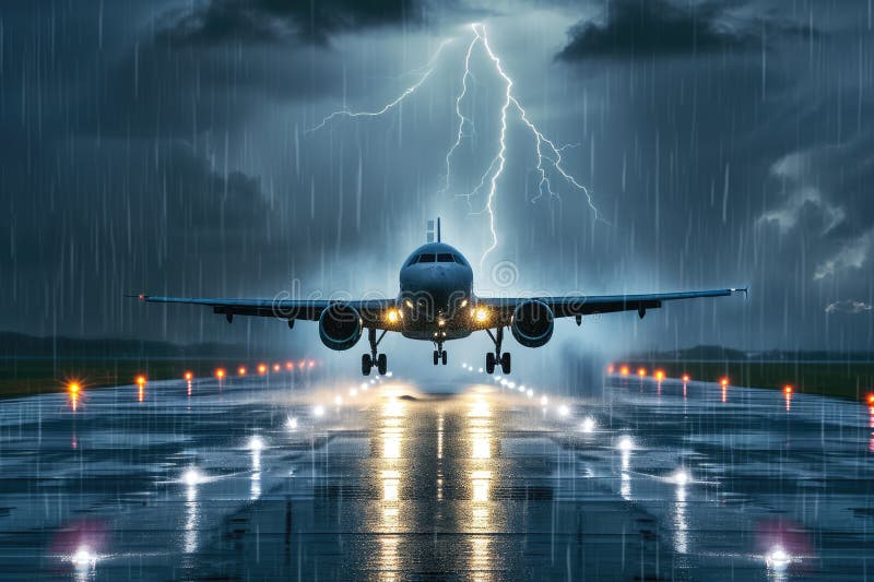 Passenger Jet Taking Off from a Runway in the Rain Stock Image Image