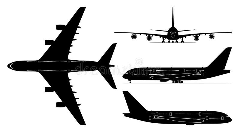 Vector set of four passenger jetliner illustrations &#x28;Airbus A380&#x29; isolated on white background. Editable EPS file available. Vector set of four passenger jetliner illustrations &#x28;Airbus A380&#x29; isolated on white background. Editable EPS file available.