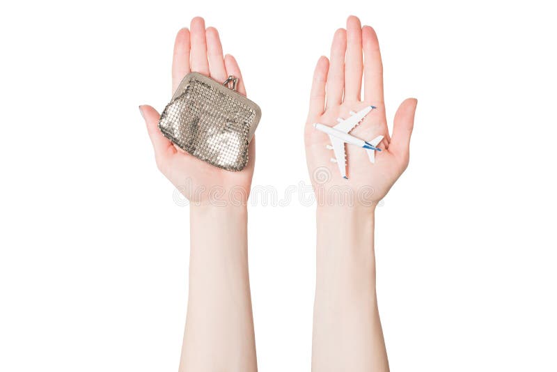 Passenger plane and wallet on female palms on a light background. Cheap flights.