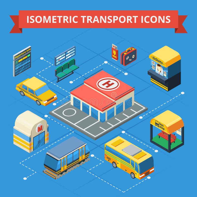 Passenger Transportation Isometric Flowchart. With municipal and city transport ticket kiosk station building passenger accessories vector illustration royalty free illustration Passenger Transportation Isometric Flowchart. With municipal and city transport ticket kiosk station building passenger accessories vector illustration royalty free illustration