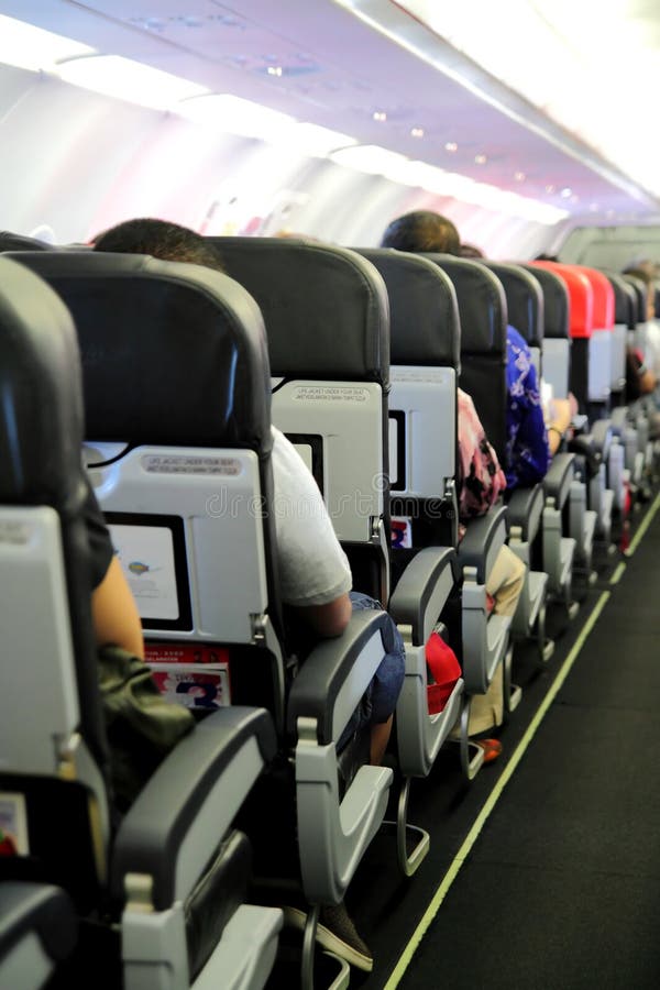 Pasajeros sobre el línea de asientos en comercial Un avion cabina.