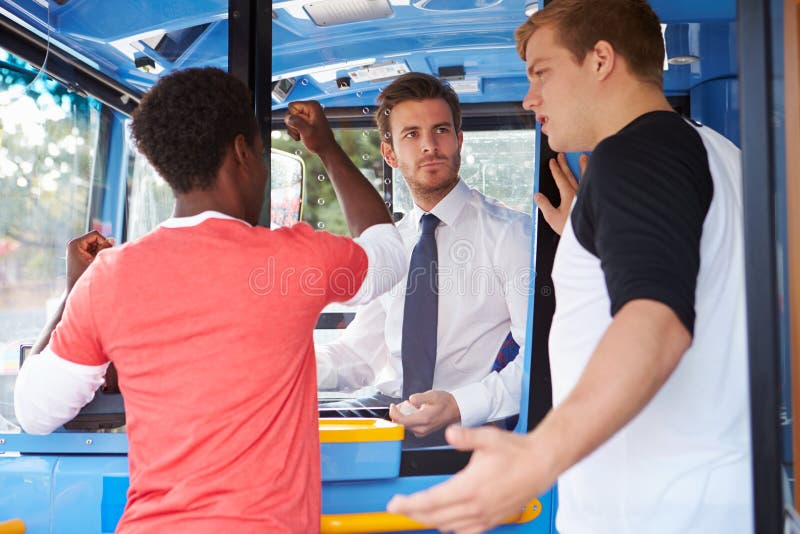 Passengers Arguing With Bus Driver Banging On Window Looking Angry