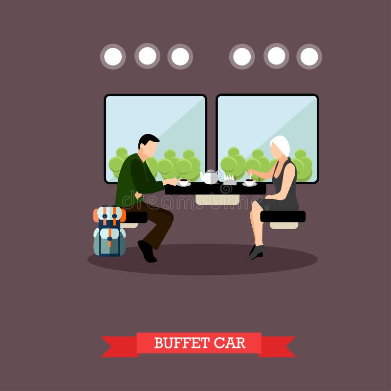 Passengers in train restaurant. Railway car interior. Vector concept poster