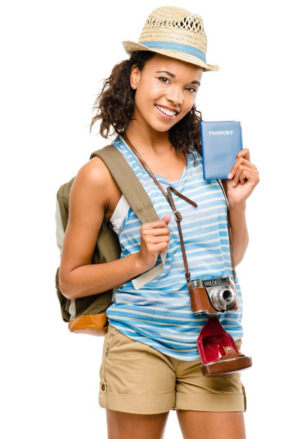 Happy African American woman tourist holding passport smiling. Happy African American woman tourist holding passport smiling