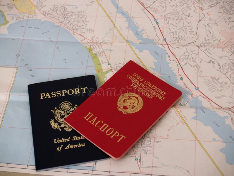 Soviet passport and american passport with California map for travel. Soviet passport and american passport with California map for travel