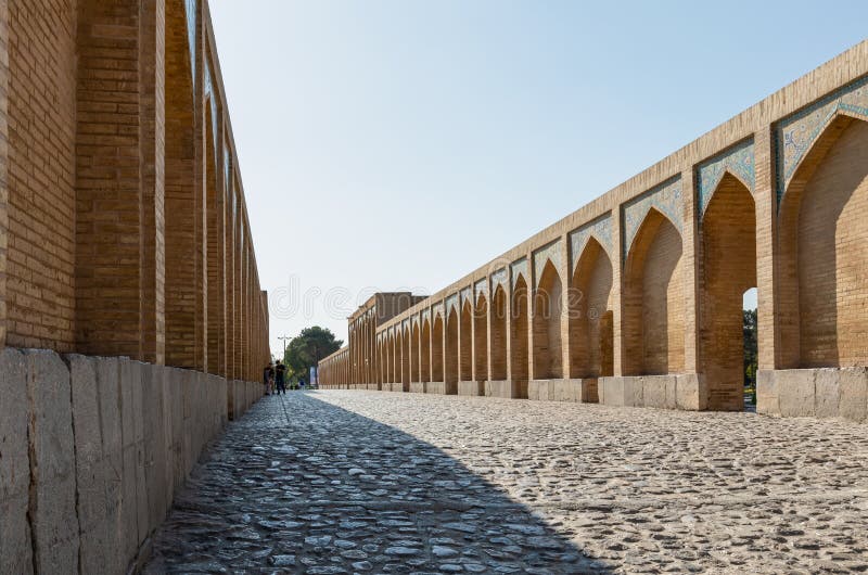 Walkway and arched walls on Si-o-Se Pol (Bridge of 33 Arches or Allahverdi Khan Bridge) on Zayanderud in Isfahan, Iran. Architectural masterpiece and historical heritage. Tourist attraction. Walkway and arched walls on Si-o-Se Pol (Bridge of 33 Arches or Allahverdi Khan Bridge) on Zayanderud in Isfahan, Iran. Architectural masterpiece and historical heritage. Tourist attraction.