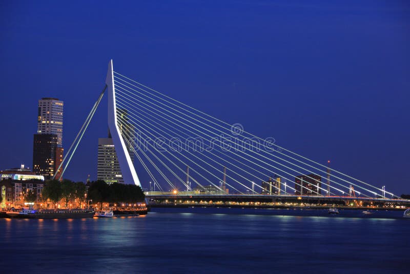 Erasmus bridge on Meuse river, Rotterdam at night. Erasmus bridge on Meuse river, Rotterdam at night