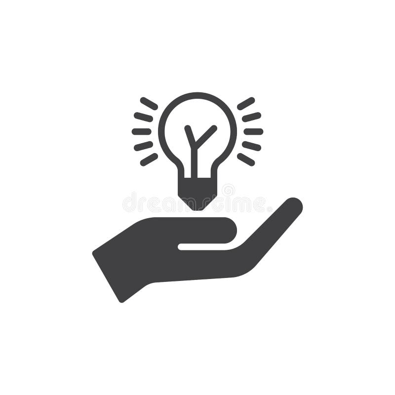 Passi il vettore dell'icona della lampadina di idea della tenuta, il segno piano riempito, pittogramma solido isolato su bianco I illustrazione di stock