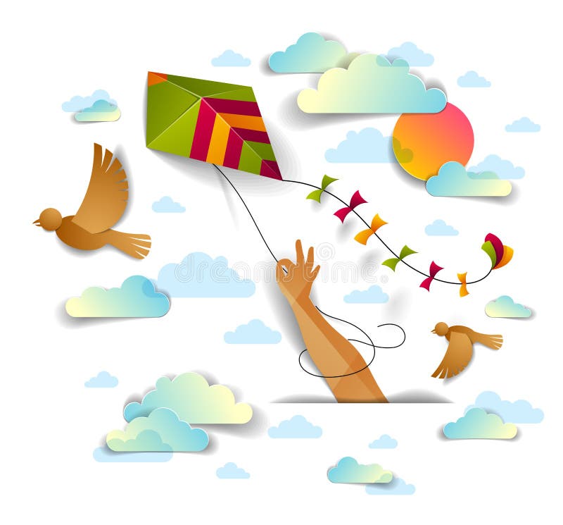 Passi l'aquilone della tenuta sopra la volata degli uccelli del cielo nuvoloso ed il sole, libertà illustrazione vettoriale Passi l'aquilone della tenuta sopra la volata degli uccelli del cielo nuvoloso ed il sole, libertà illustrazione vettoriale