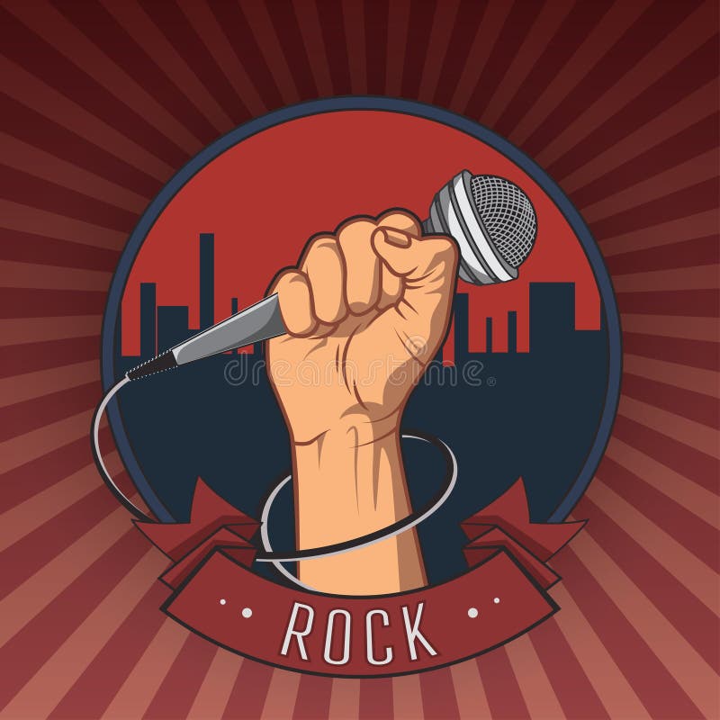 Passi la tenuta del microfono in un retro manifesto della roccia del pugno illustrazione di stock Passi la tenuta del microfono in un retro manifesto della roccia del pugno illustrazione di stock