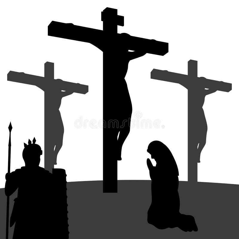 Passion of Christ Silhouette. Good Friday silhouettes collection: Mary is praying by the cross of Jesus crucified on the hill of Calvary, a roman centurion royalty free illustration