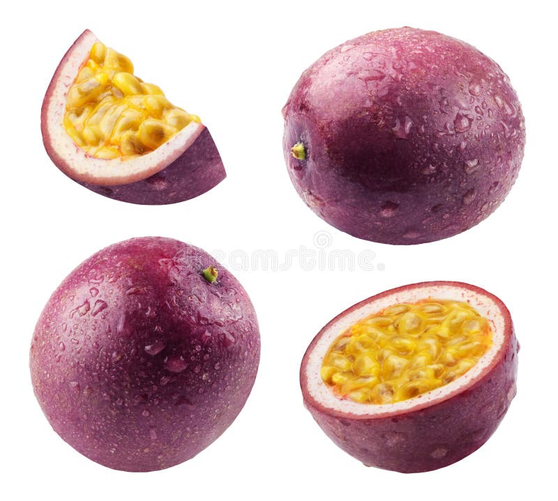 Passion Fruit Isolated. Ripe Passion Fruit, Half and Slice of Fruit in