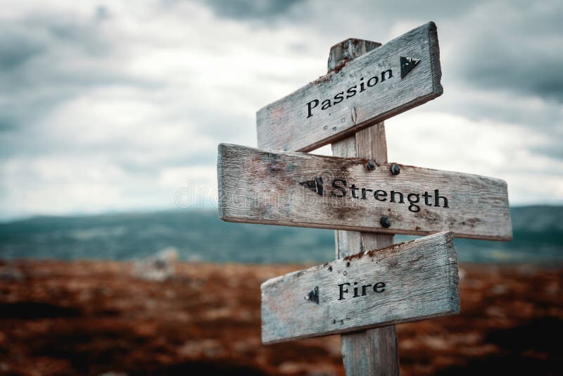 Passion, strength and fire text on wooden rustic signpost outdoors in nature/mountain scenery.