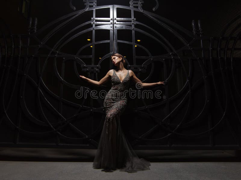 Passionate and attractive smartly dressed young woman in an expressive sparkling evening dress is posing at night stock photos Passionate and attractive smartly dressed young woman in an expressive sparkling evening dress is posing at night stock photos