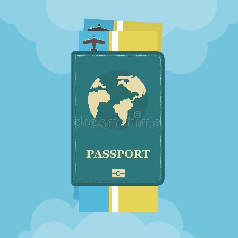 Passport with airplane tickets with clouds flat. Concept icon travel and tourism. vector illustration Passport with airplane tickets with clouds flat. Concept icon travel and tourism. vector illustration