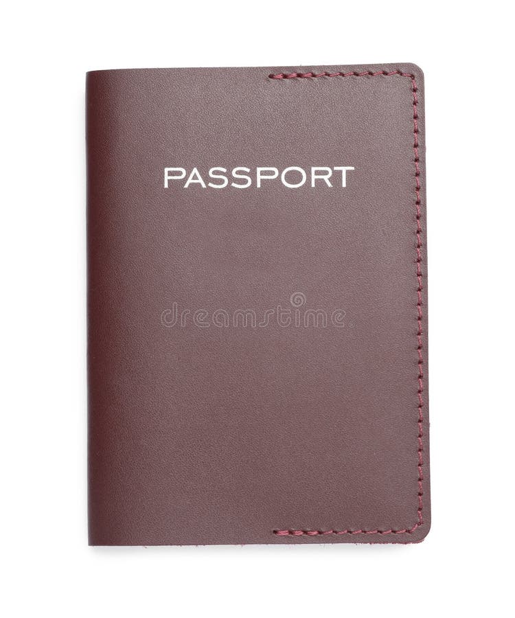 Passport in brown leather case isolated on white, top view