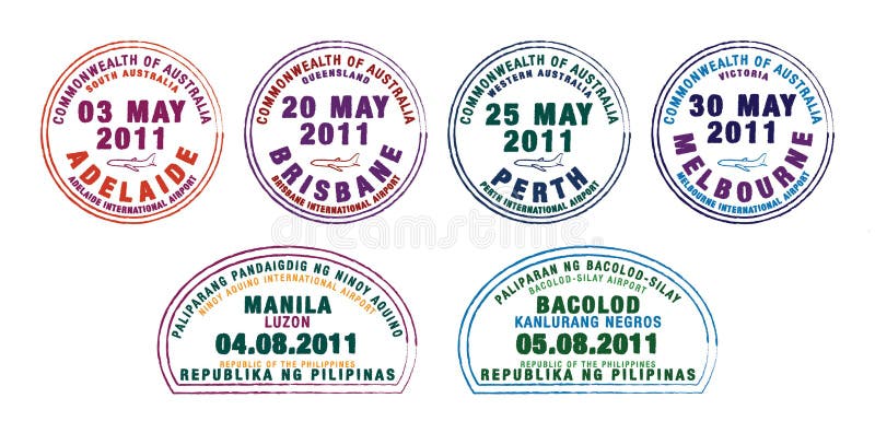Passport stamps from Australia and the Philippines stock illustration
