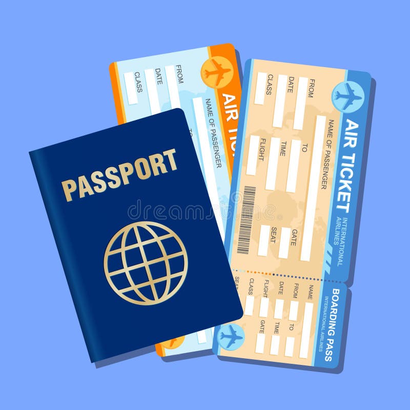 Passport and Two Flight Tickets Over Blue Background Stock Vector -  Illustration of aircraft, plane: 195090525