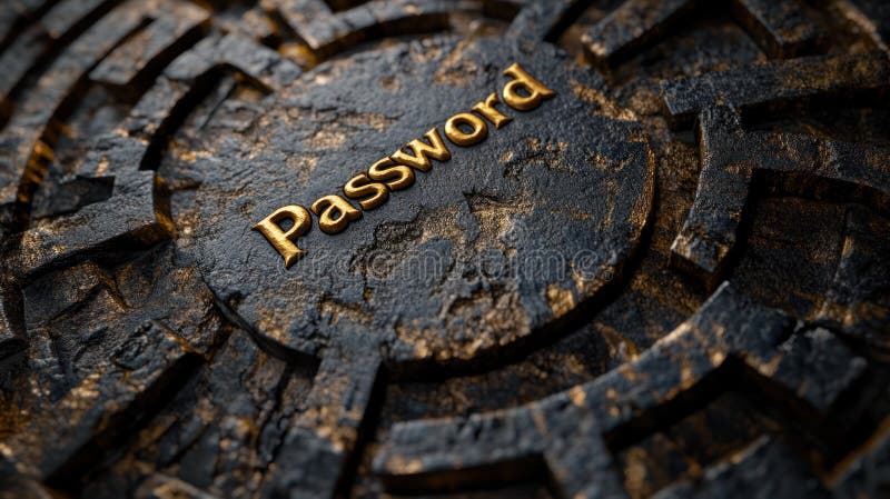 Password maze design with textured dark stone and golden letters creating mysterious and secure concept for digital royalty free stock images