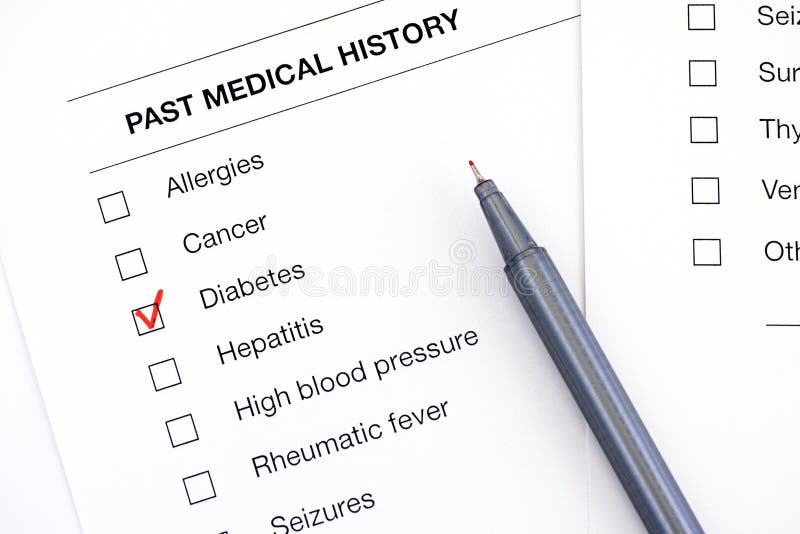 Past medical history questionary with ticked Diabetes and pen.