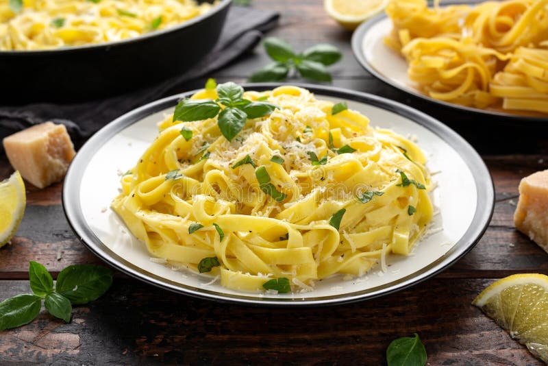 Pasta Al Limone, Lemon With Basil And Parmesan Cheese On Wooden Table ...