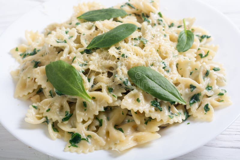Pasta with baby spinach stock photo. Image of penne - 106288160
