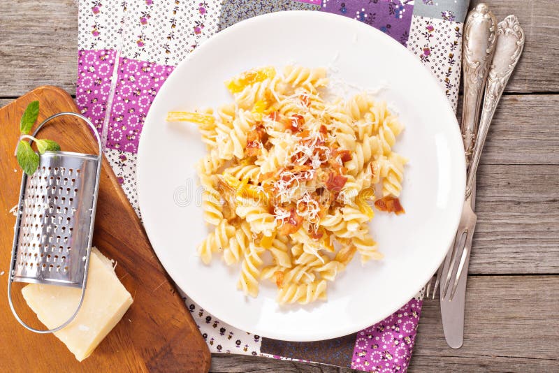 Pasta with Bacon, Bell Pepper and Cream Stock Photo Image of lunch